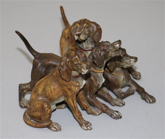 A late 19th century Austrian cold painted bronze group of four hounds, W.5in. H.3in.